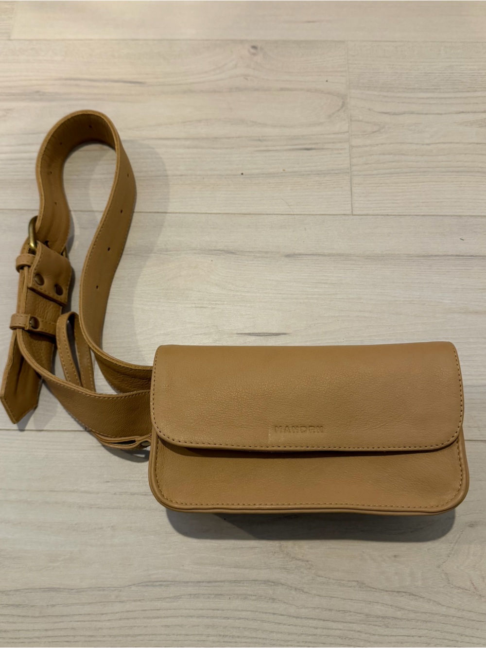Mandrn Tan Leather Crossbody Belt Bag with Adjustable Strap